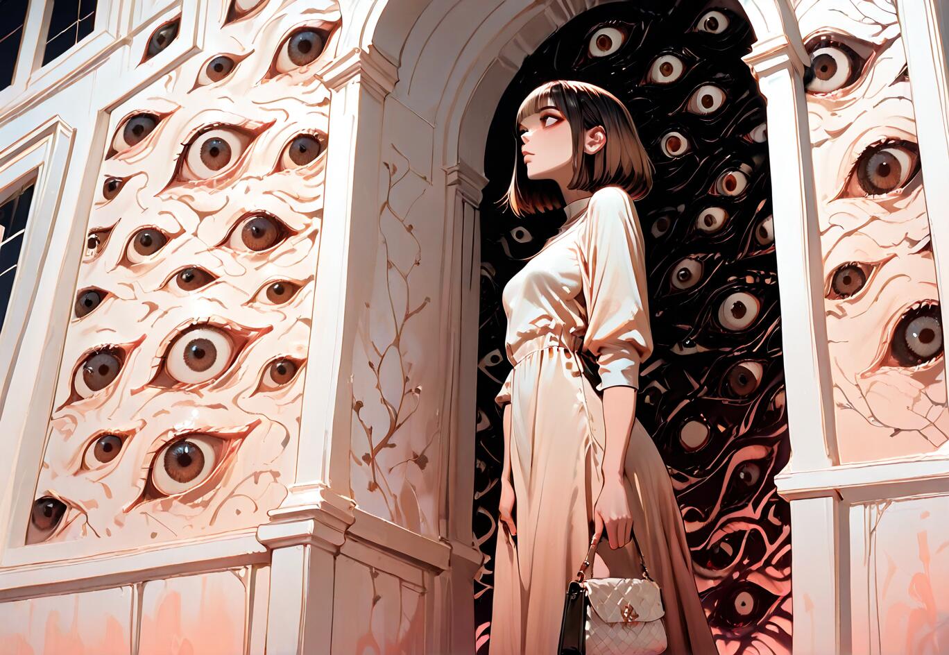 An anime-style illustration of a fashionable woman with short brown hair standing in a white hallway where the walls and a dark doorway are filled with hundreds of watching eyes.