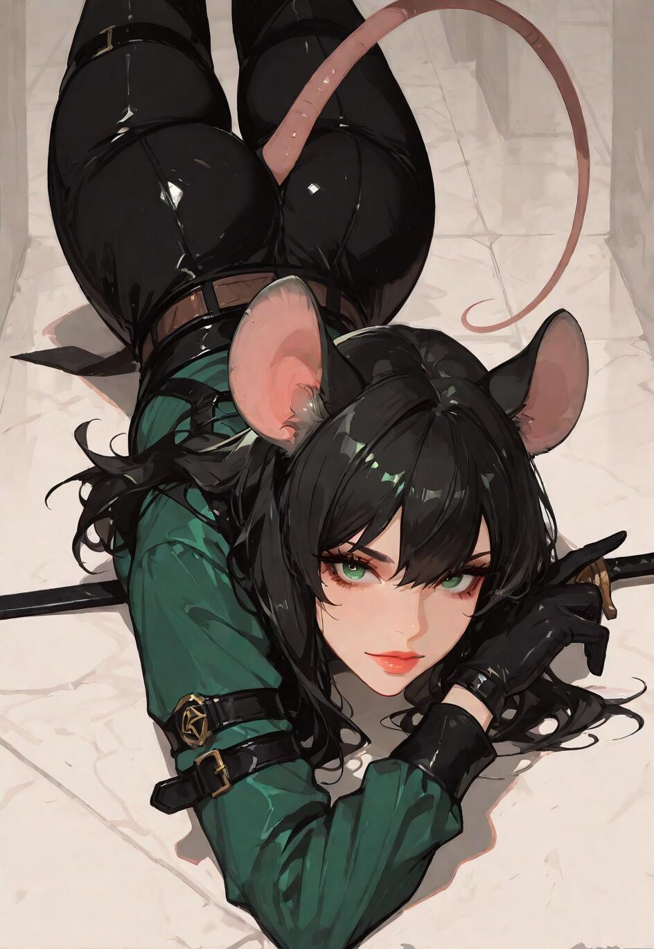 A female anime character with black hair, green eyes, large mouse ears, and a long mouse tail, dressed as a rogue in a green shirt and black pants, lies on a white tiled floor looking directly at the camera.