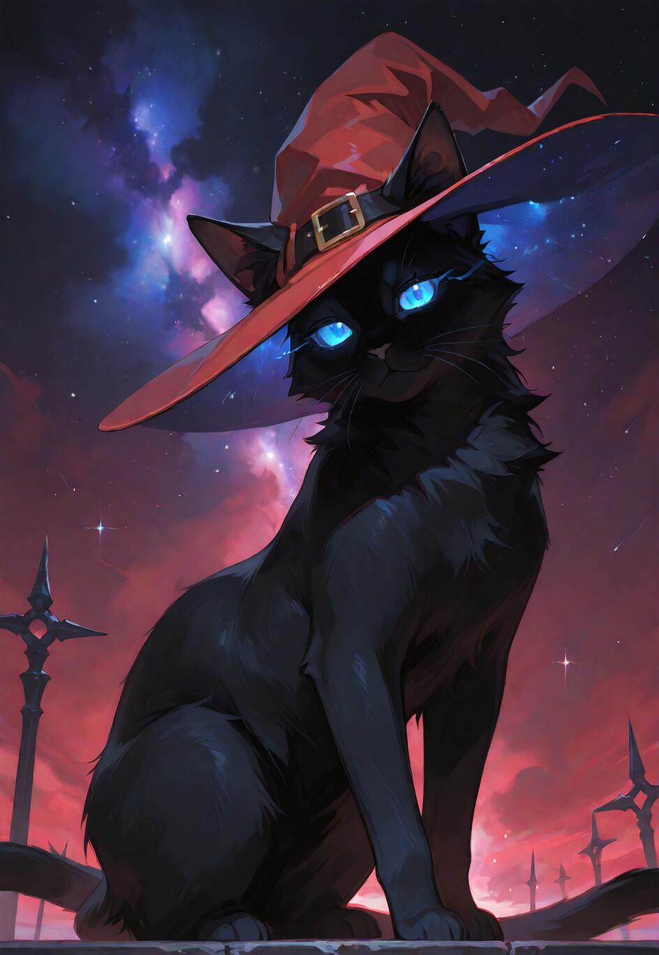 A digital illustration of a sleek black cat with glowing blue eyes wearing a large red witch's hat. The cat is sitting and looking directly at the viewer against a background of a purple and red nebula-filled night sky.