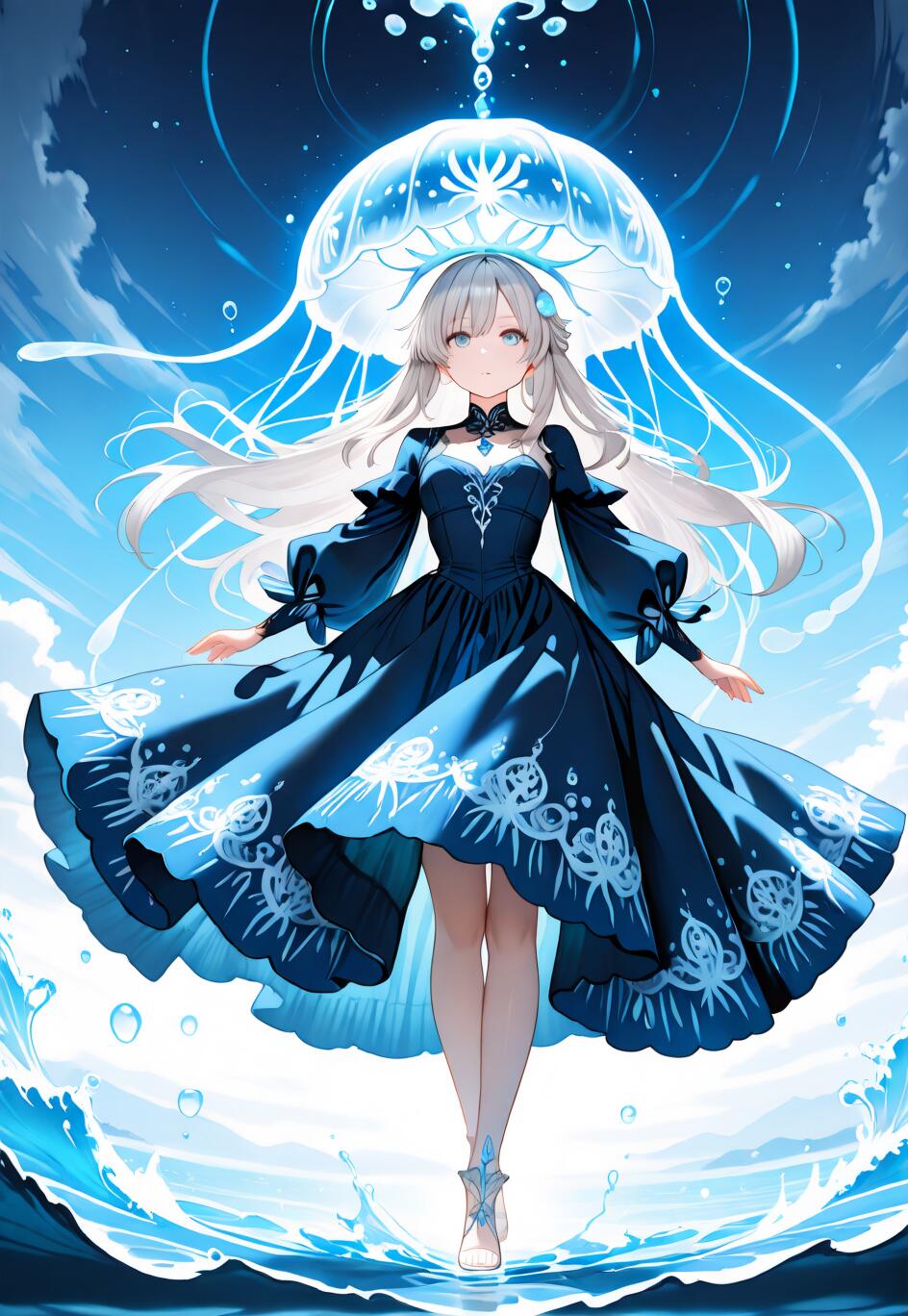 An anime girl with long silver hair and a dark blue dress stands on the surface of water, with a large, luminous blue jellyfish on her head like a hat against a sky-blue background.