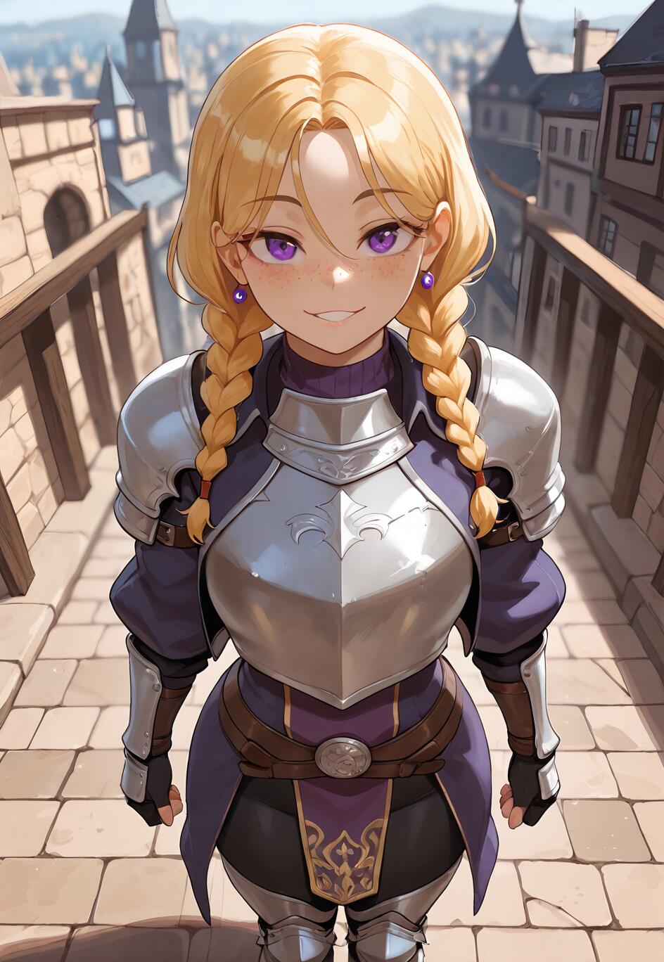 A young female knight with blonde braids and purple eyes, wearing silver armor over a purple tunic, stands on a stone bridge in a medieval city, smiling up at the viewer.