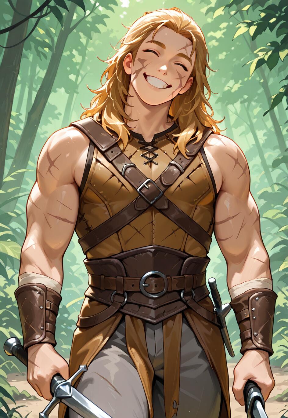A muscular young man with long blond hair and a big, happy smile, wearing brown leather armor and holding two swords in a green forest.
