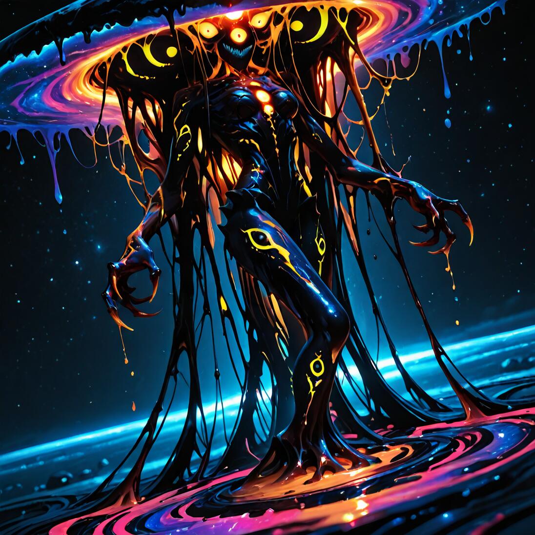 A tall, slender eldritch creature with a feminine form made of dripping black liquid stands in a pool of colorful cosmic ooze. Its head is a mass of glowing yellow eyes beneath a wide, flat halo resembling a melting galaxy. The creature has sharp claws and glowing eye-like markings on its body, set against a background of deep space.