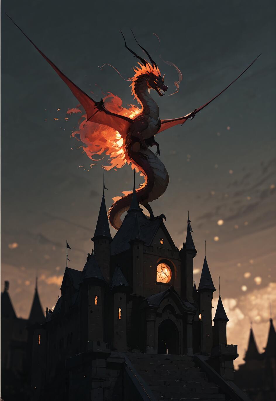 A large, serpentine dragon, glowing with fire and flames, perches majestically on the highest tower of a dark, gothic castle at dusk.