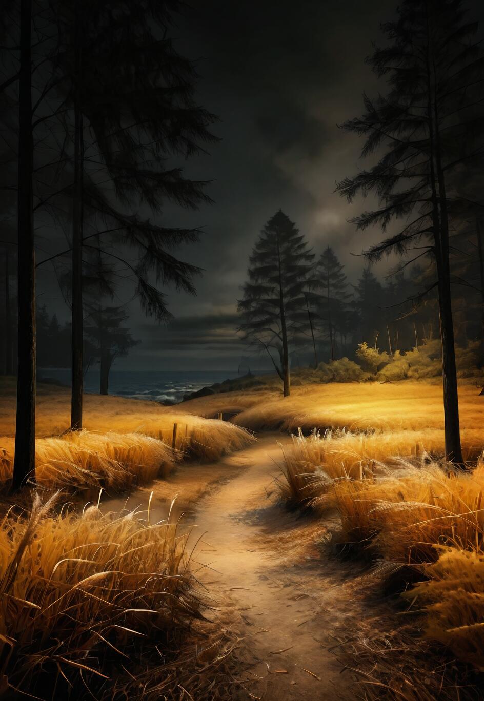 A painterly image of a dirt path winding through a golden field of tall grass towards the ocean, framed by dark pine trees under a cloudy night sky.