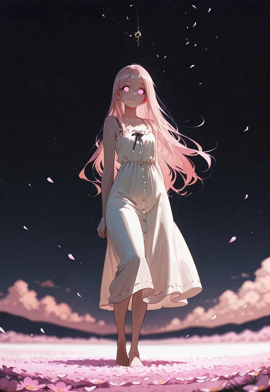 An anime girl with long pink hair and glowing pink eyes stands barefoot in a field of pink petals under a dark sky, with a single golden key hanging above her.