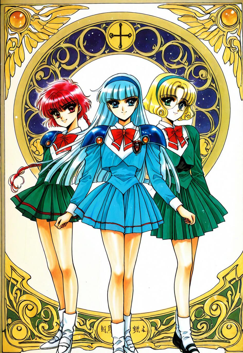 Full-body illustration of Hikaru Shidou, Umi Ryuuzaki, and Fuu Hououji from Magic Knight Rayearth. Hikaru has red hair, Umi has blue hair, and Fuu has blonde hair with glasses. They are wearing armored school uniforms and standing in front of a large, golden, ornate circular frame.