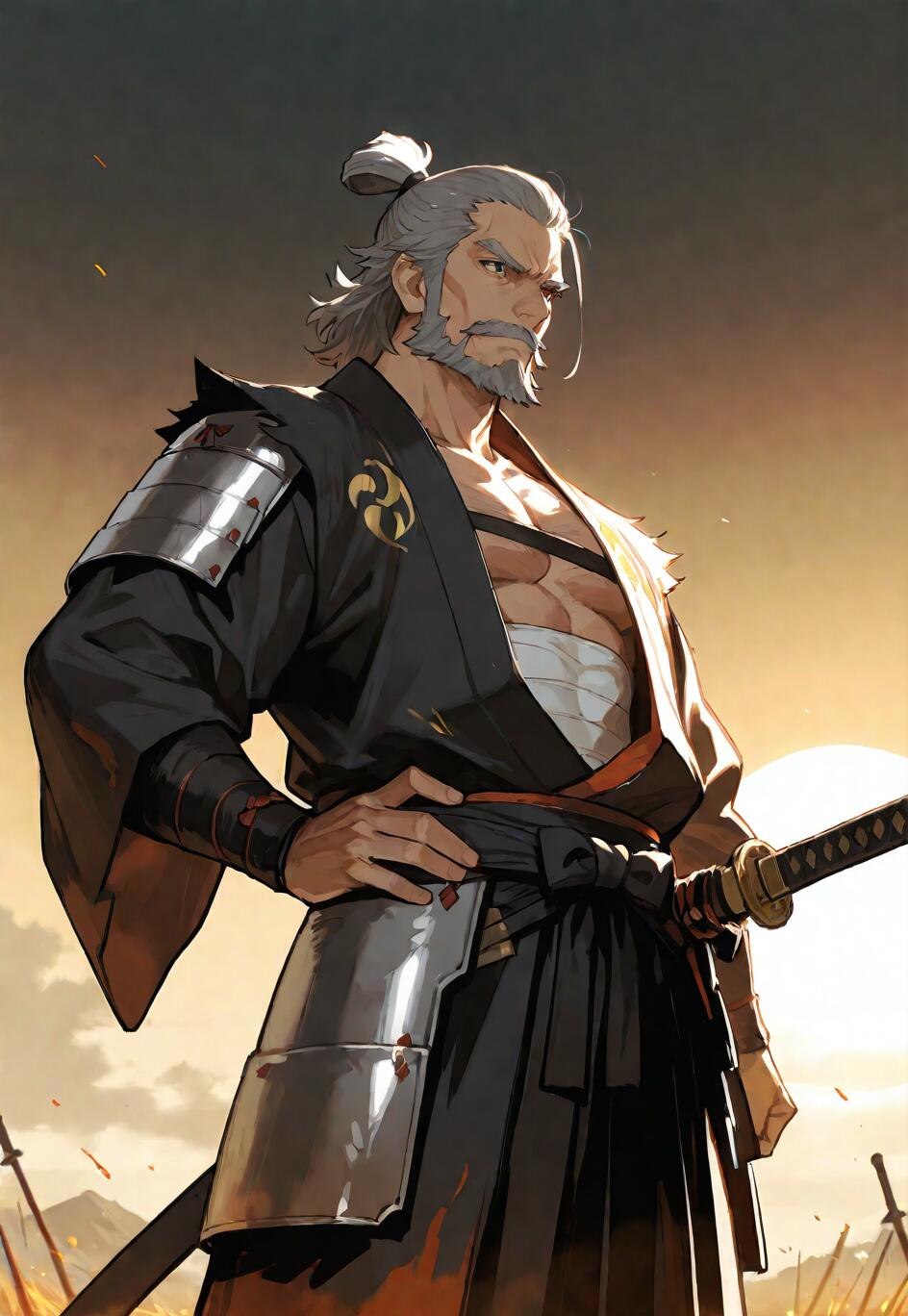 An anime-style illustration of an elderly, muscular samurai with grey hair and a beard, wearing a black kimono and partial armor, standing confidently on a battlefield at sunrise.