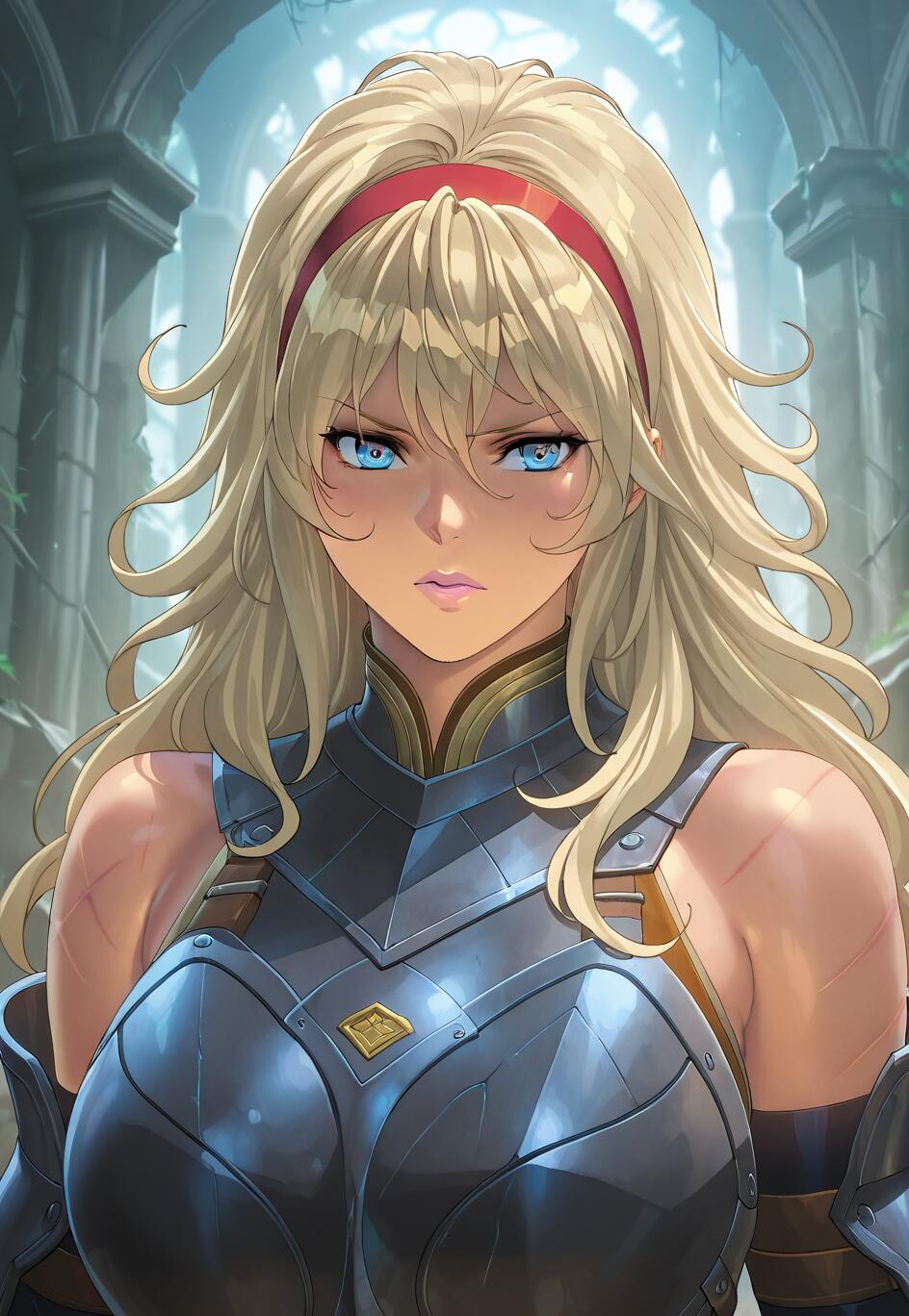 A close-up portrait of a blonde female knight with intense blue eyes, a red headband, and scars on her shoulders. She is wearing dark, polished steel armor and stands in front of stone ruins.