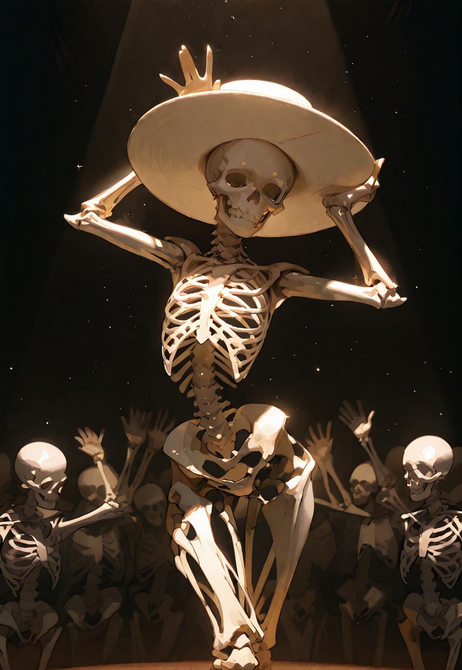 A skeleton wearing a large white hat poses dramatically under a spotlight on a stage, in front of an adoring crowd of other skeletons.
