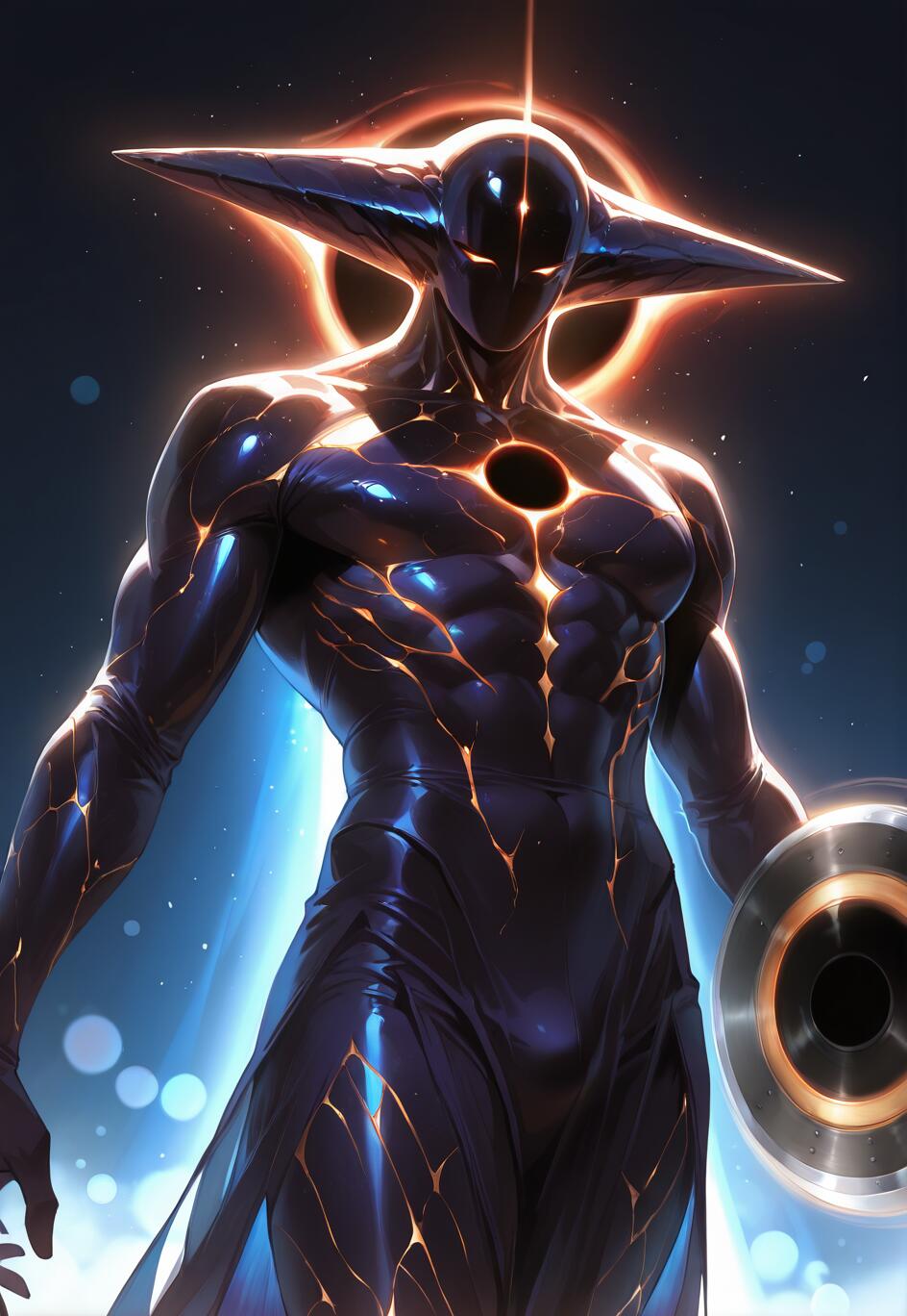 A powerful, muscular cosmic being with dark, cracked skin glowing from within, a black hole in its chest, and a three-pointed head silhouetted against a glowing orange ring in space.