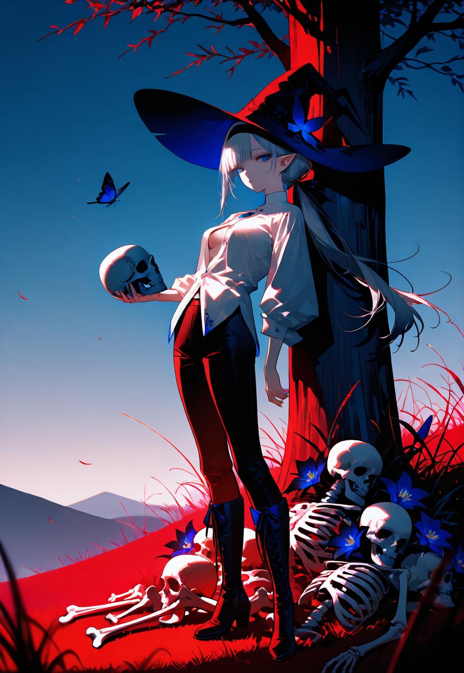 An anime-style illustration of a silver-haired witch in a large hat holding a skull. She is leaning against a tree in a surreal red field filled with skeletons and blue flowers, under a dark blue sky.