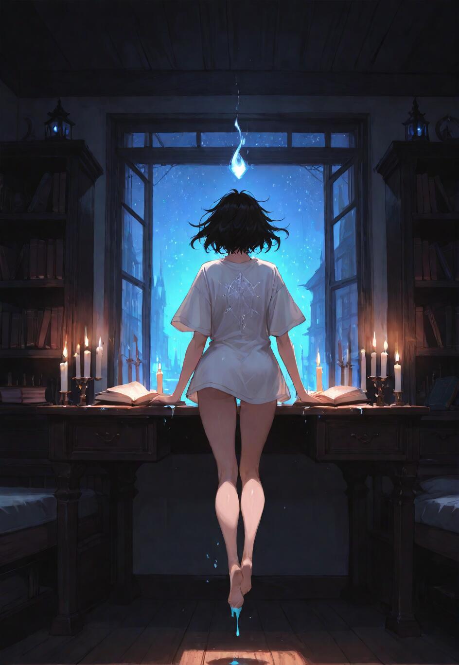 A young woman with short black hair levitating from behind in a dark, candlelit study. She wears a white shirt and looks out a large window at a starry night sky as a small blue wisp floats above her head.