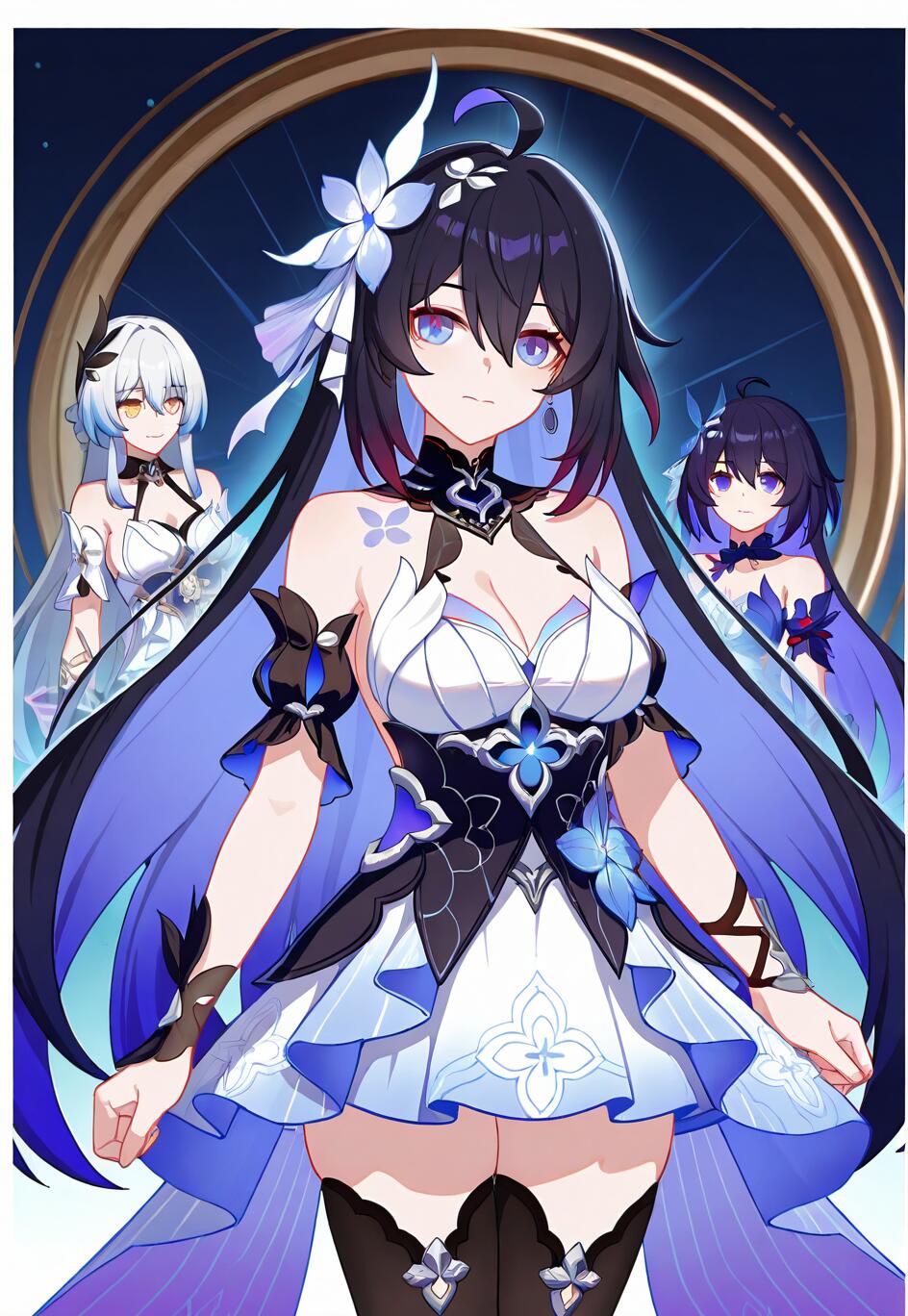 An artwork of three anime girls. The central character has long black and blue hair and wears an ornate white and blue dress. In the background are two other girls: one with long white hair and one with short dark blue hair.