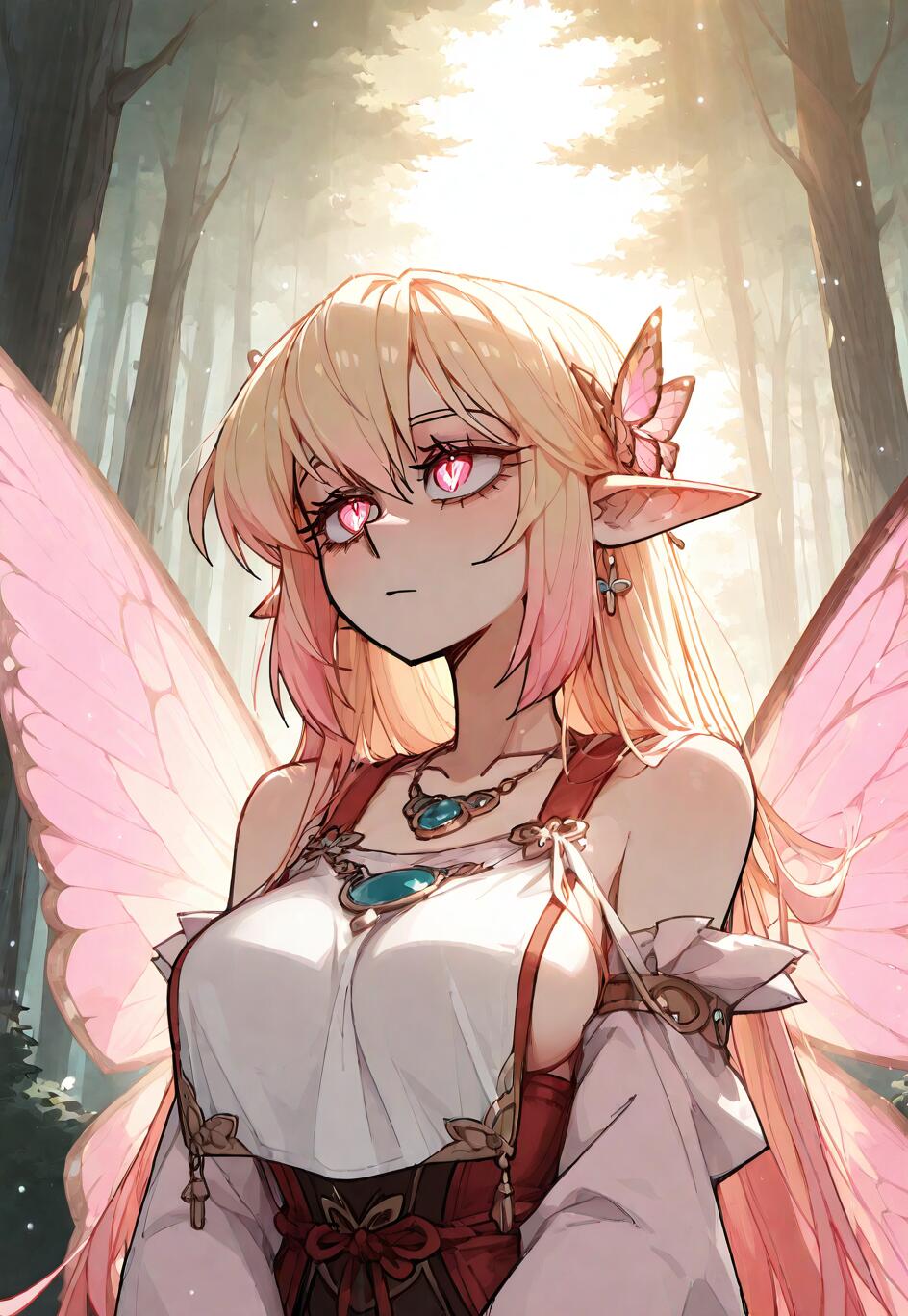 An anime-style illustration of the fairy queen Titania, a beautiful elf-like woman with long blonde and pink hair, large pink butterfly wings, and pointed ears, standing in a sunlit forest.