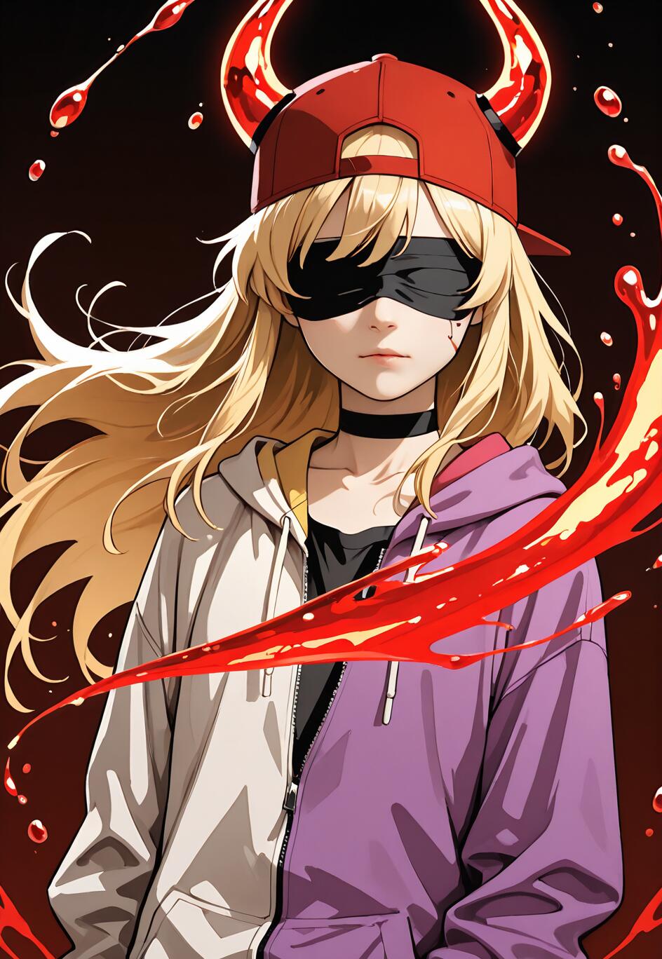An anime girl with long blonde hair, a backwards red cap, and a black blindfold. She has red, liquid-like demon horns and wears a split-color white and purple hoodie, surrounded by splashes of red liquid.