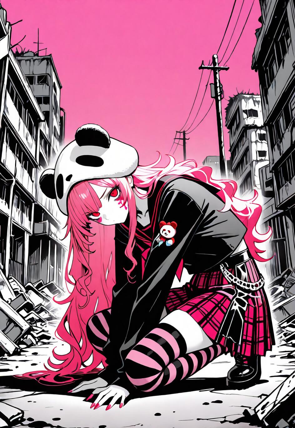 An anime-style illustration of the character MaiMai from Arknights, featuring long pink hair and a panda hat. She is crouching in a ruined, black-and-white city street under a solid hot pink sky.