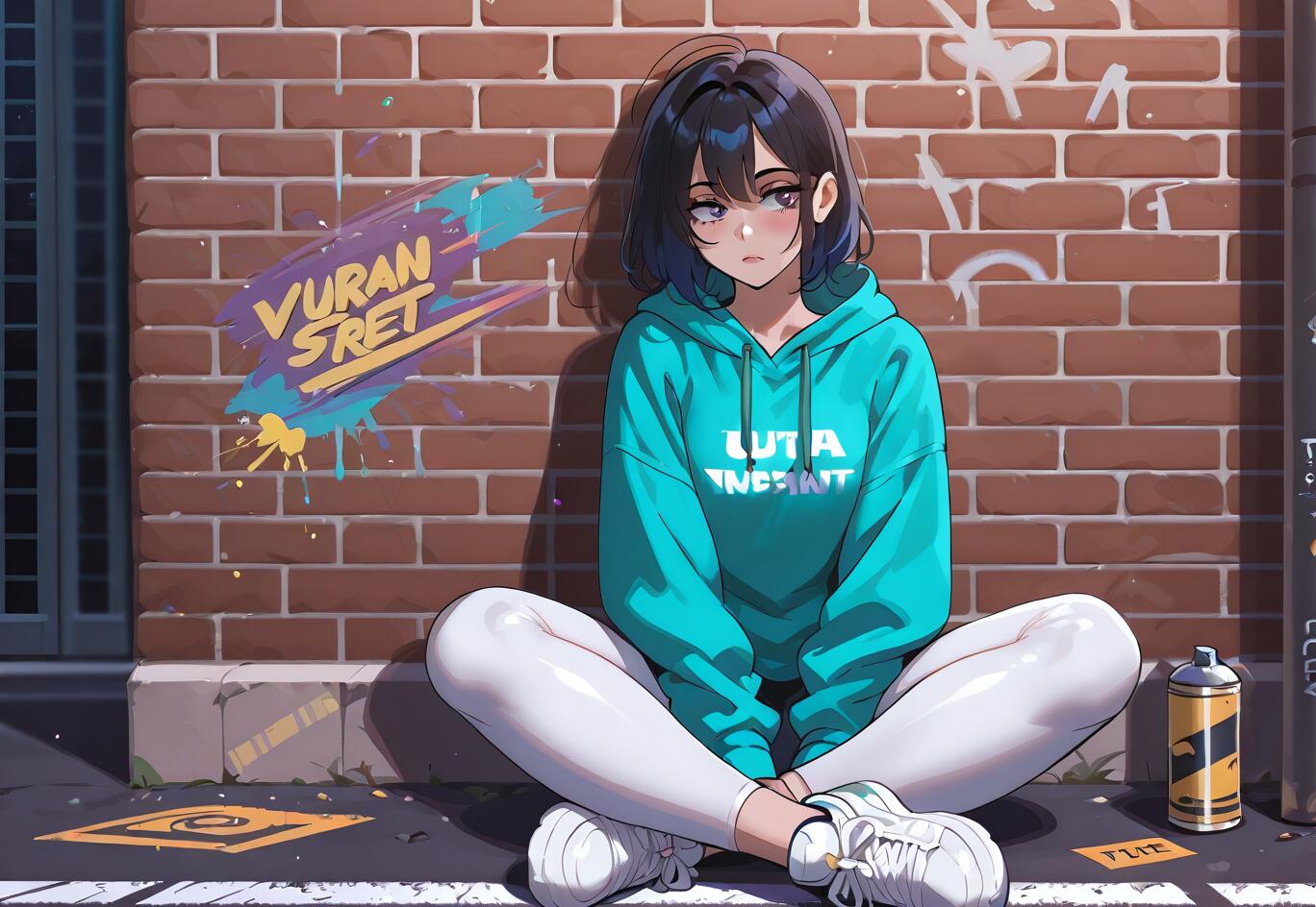 An anime girl with short dark hair in a turquoise hoodie and white leggings sits on the pavement, leaning against a brick wall with colorful graffiti.