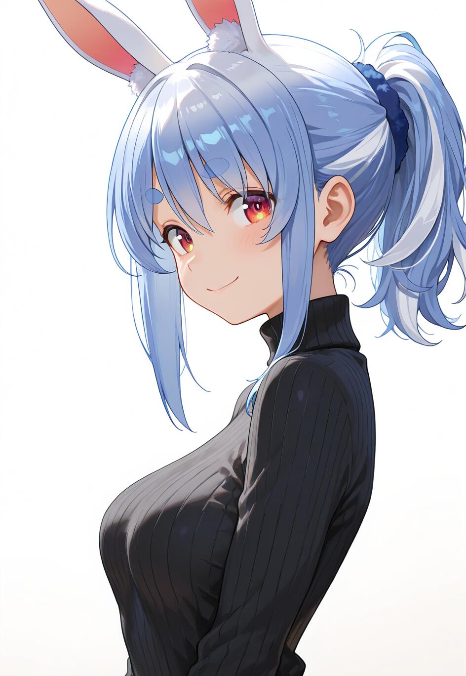 An anime illustration of Usada Pekora, a girl with light blue hair in a ponytail and white rabbit ears, smiling gently while wearing a black turtleneck sweater against a white background.