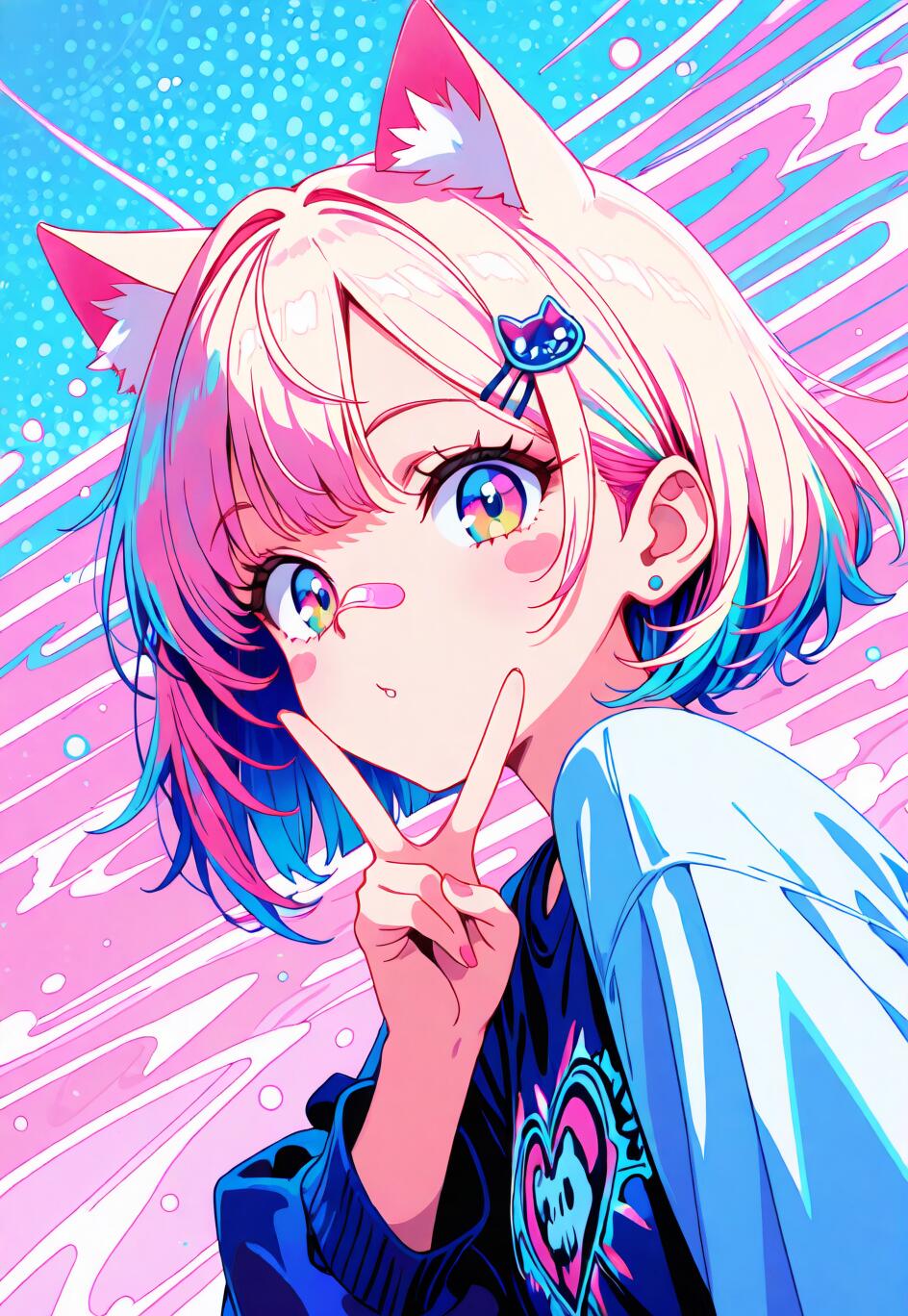 An anime-style cat girl with pink and blue hair, cat ears, and a bandaid on her nose. She is smiling and making a peace sign with her hand in front of a vibrant pink and blue abstract background.