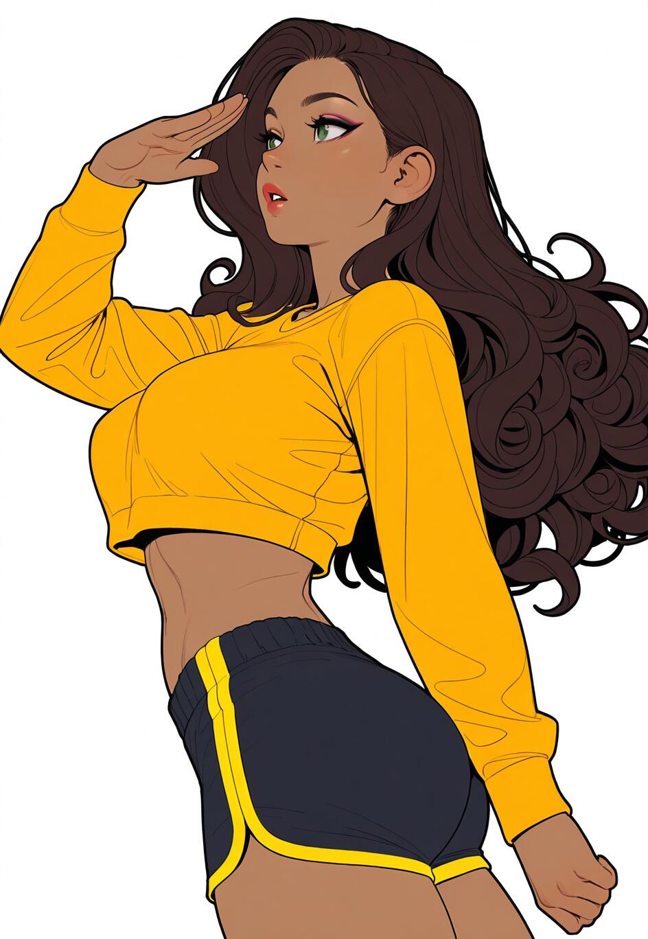 A digital illustration of a woman with dark skin and long, wavy brown hair wearing a yellow crop top and black gym shorts. She is looking to the side with one hand shielding her eyes.