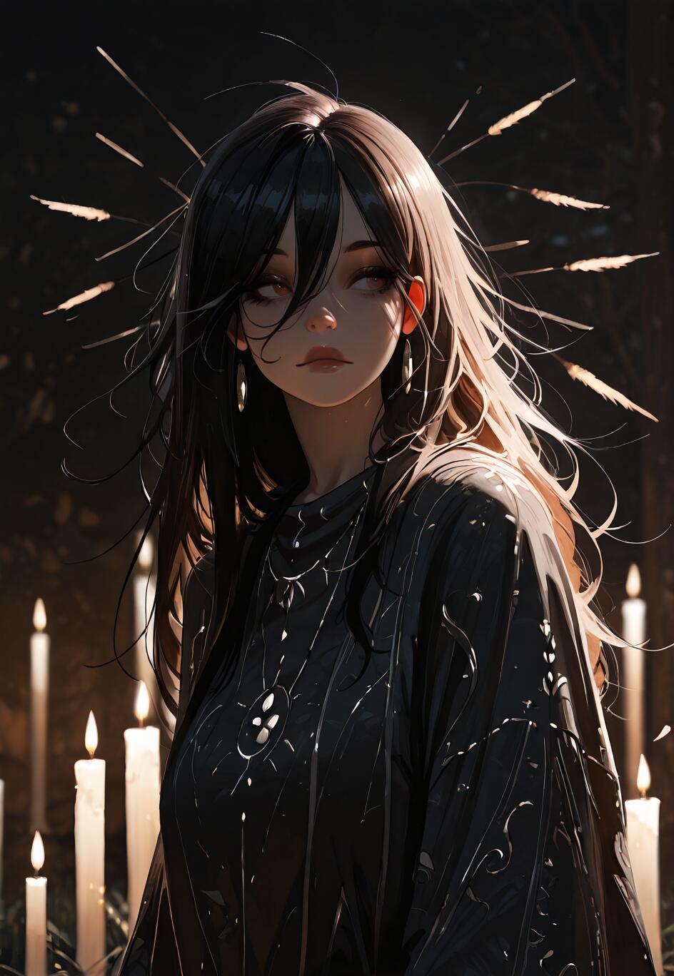 A beautiful anime-style woman with long black hair and a glowing halo stands in a dark room, her face illuminated by the soft light of many surrounding candles.