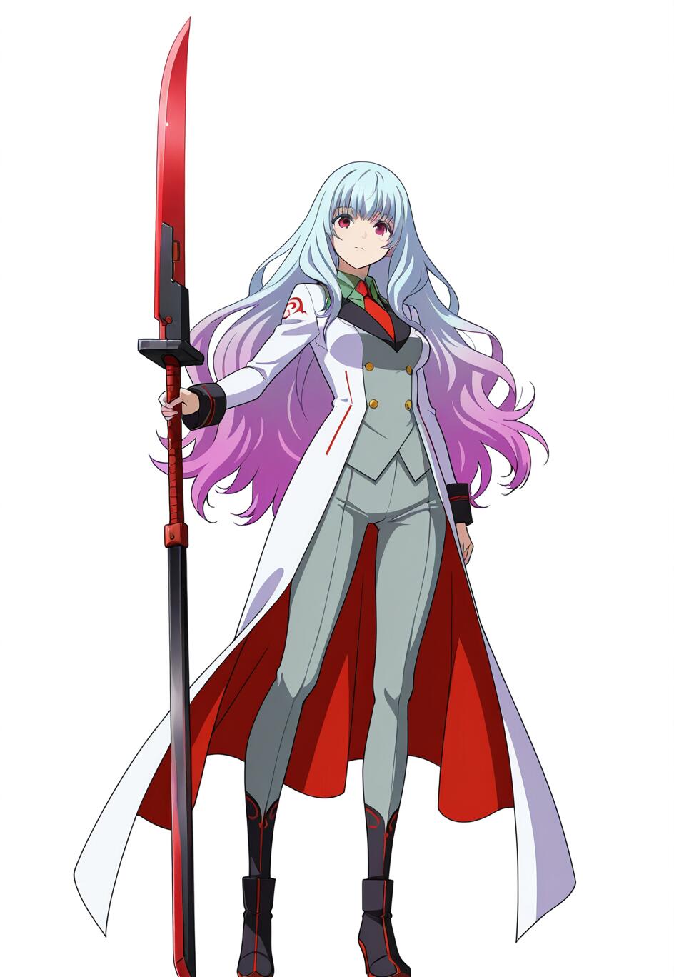 Full body illustration of the anime character Vladilena Milizé from 86 -Eighty Six- with long silver-to-purple hair, wearing a white and grey military uniform and holding a large red spear-like weapon.