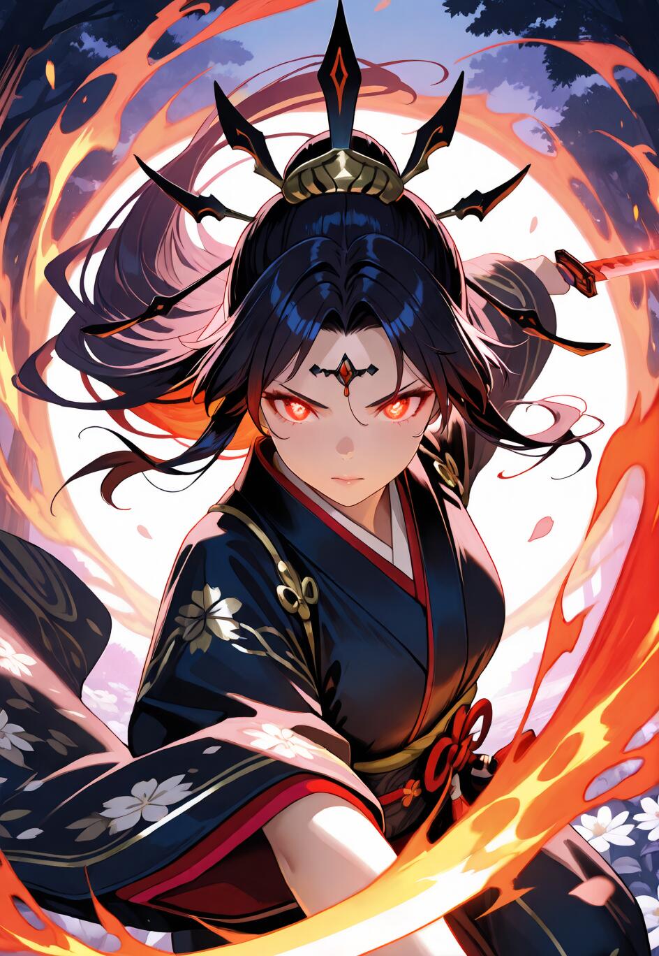 An anime-style female warrior with long dark hair, a spiky black headpiece, and glowing red eyes. She wears a black floral kimono and holds a flaming katana in a dynamic pose, surrounded by a circle of fire against a moonlit forest background.