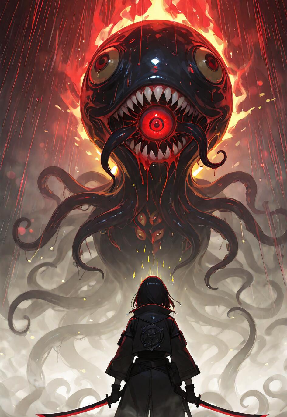 A warrior in black with two red katanas faces a giant, fiery, multi-eyed octopus monster in an epic, dark fantasy confrontation.