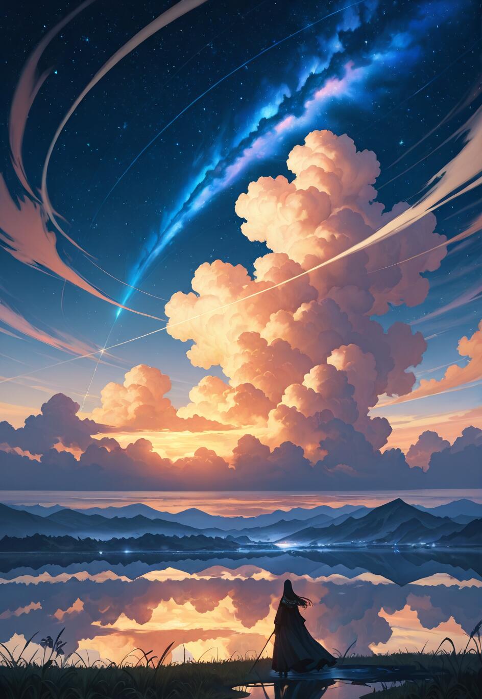 A lone figure in a dark robe stands at the edge of a calm lake, which perfectly reflects a breathtaking sunset sky filled with stars, massive clouds, and a brilliant blue comet streaking across the heavens.