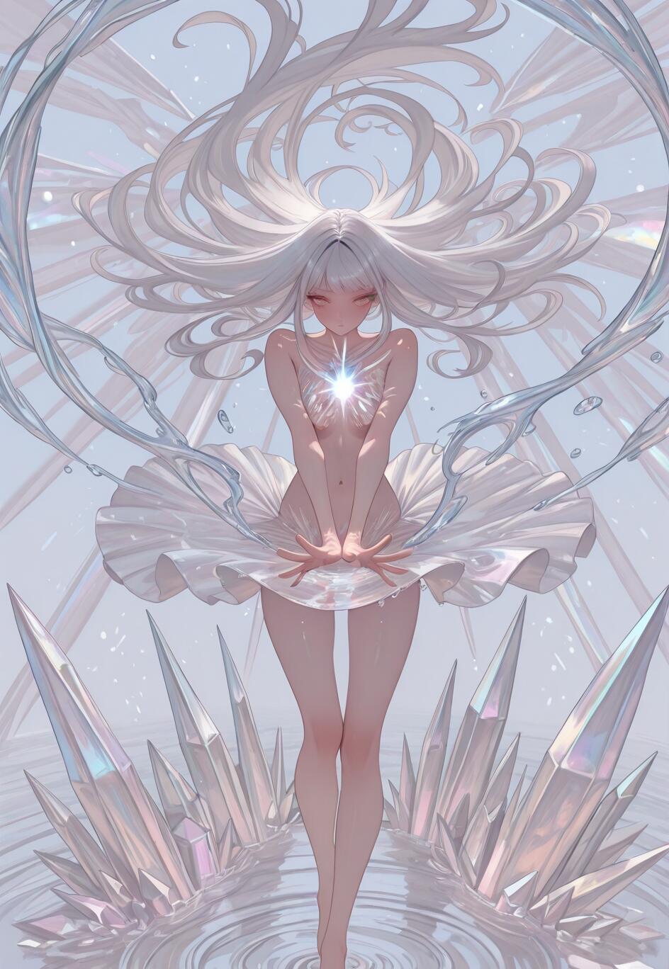 A full-body illustration of an anime girl with long white hair standing in water. She has a glowing light on her chest and is surrounded by large, iridescent crystals and swirling ribbons of water.