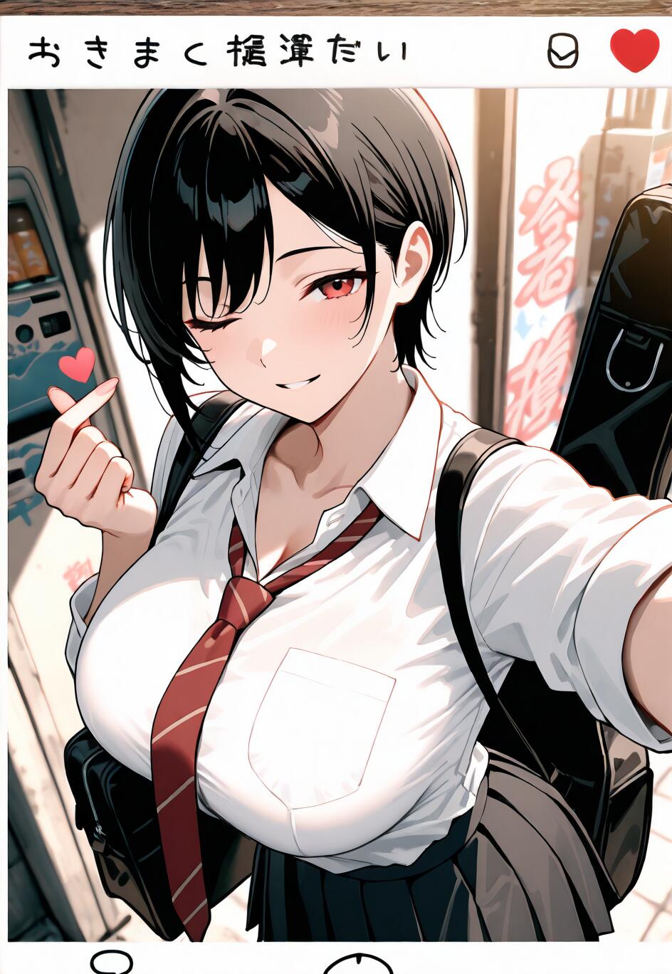 An anime schoolgirl with short black hair and red eyes winking and making a finger heart gesture while taking a selfie outdoors, carrying a guitar case.