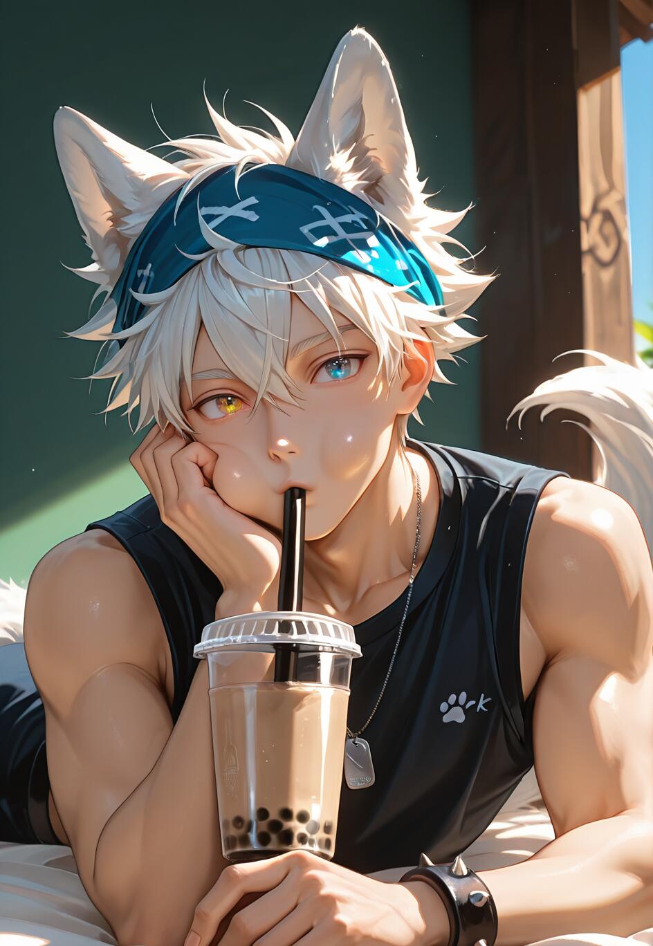 An anime-style illustration of a young man with white hair, wolf ears, and different colored eyes (one gold, one blue), lying down and drinking bubble tea through a straw.