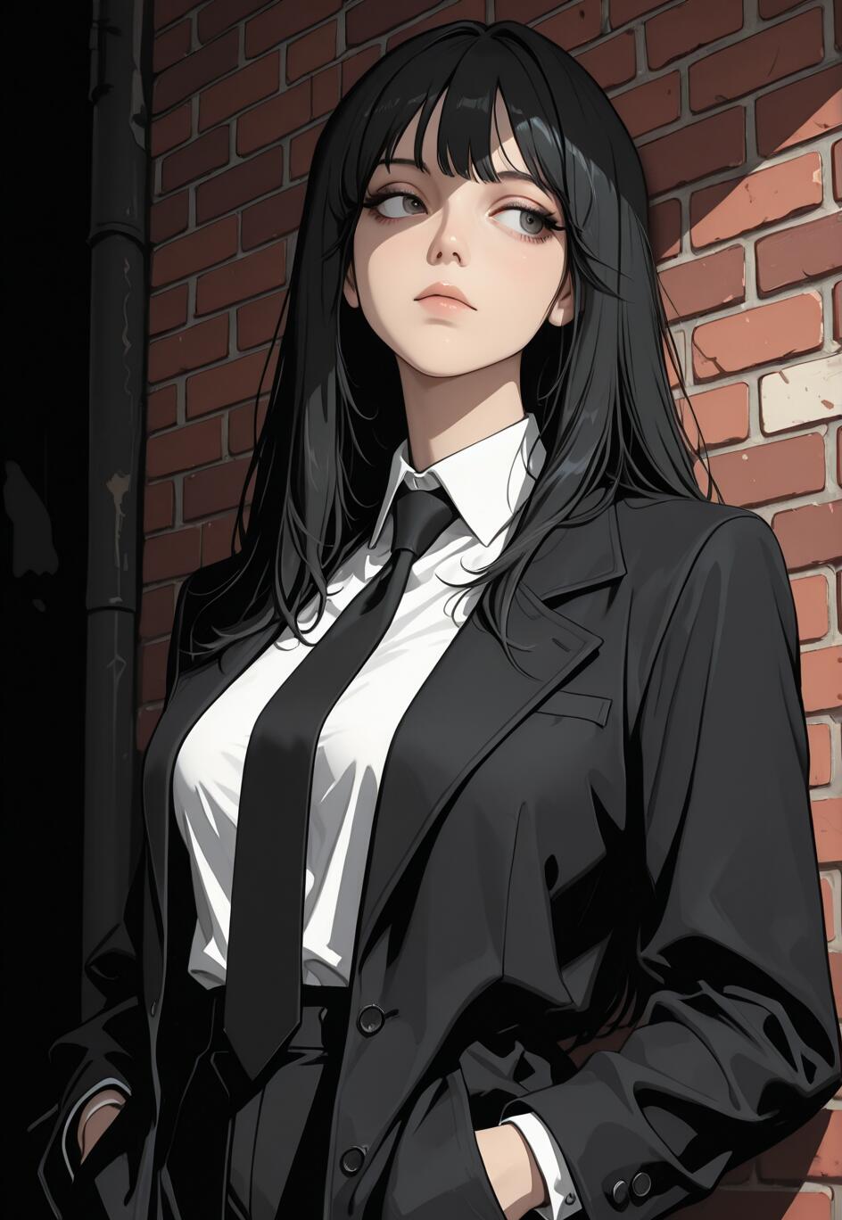An anime-style illustration of a young woman with long black hair wearing a black suit and tie, leaning against a red brick wall and looking to the side with a serious expression.