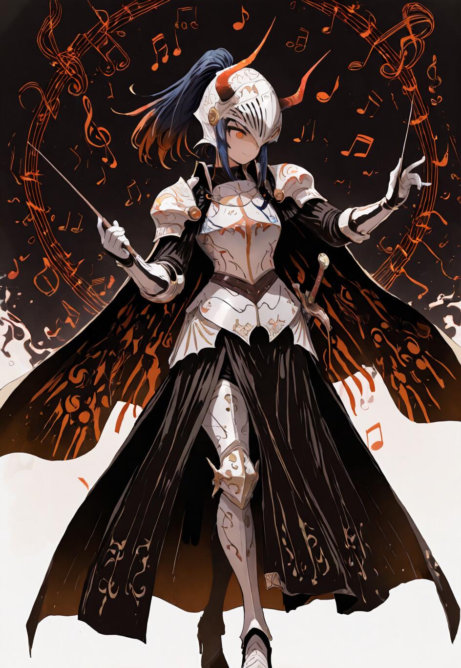 An anime-style illustration of the character Yaneko Uta as a knightly conductor. She wears ornate white and silver armor, a black cloak, and a horned helmet. She holds two conductor's batons, standing amidst a vortex of glowing orange musical notes.