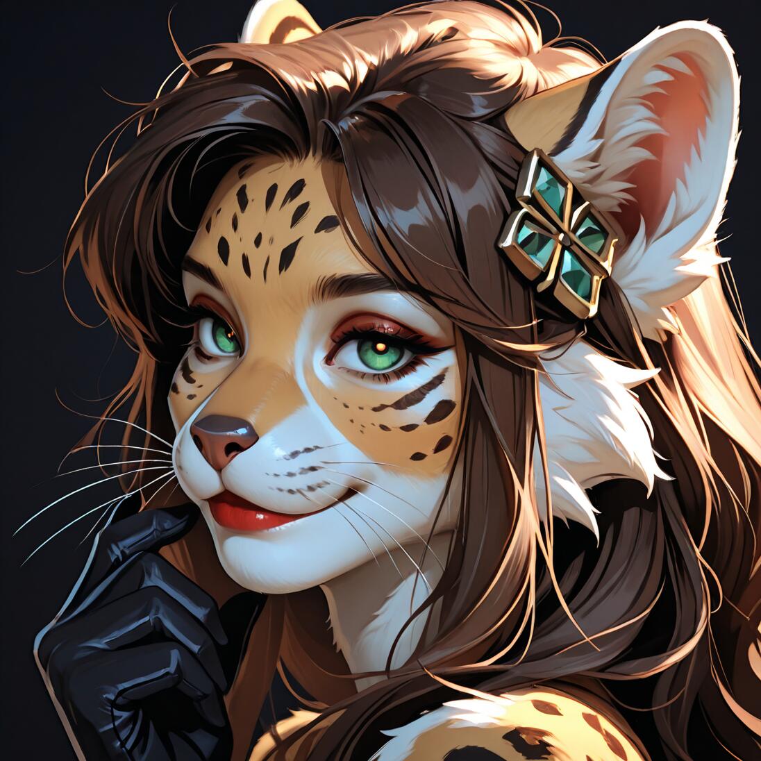 A detailed portrait of an anthropomorphic female leopard named Zinx with long brown hair, bright green eyes, red lips, and a black glove, smiling gently at the viewer.