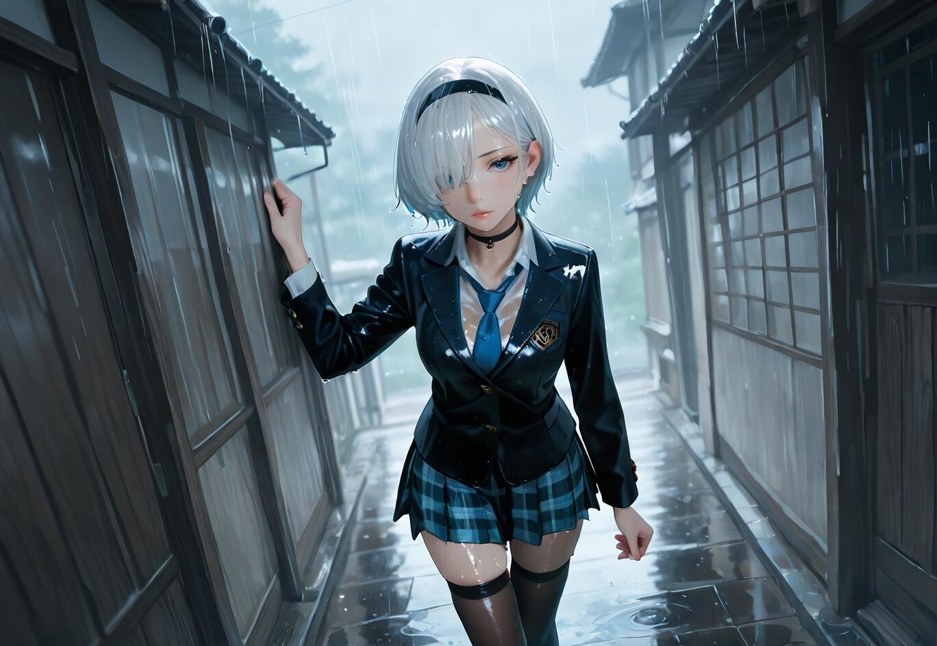 A full-body illustration of 2B from NieR:Automata with short white hair and a black hairband. She is wearing a wet school uniform consisting of a black blazer, blue plaid skirt, and black thigh-high stockings while standing in a rainy alley between old Japanese houses.
