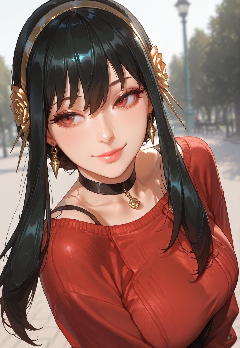 A digital portrait of Yor Forger from Spy x Family. She has long black hair, red eyes, a gold headband, and is wearing an off-the-shoulder red sweater and a black choker. She is smiling gently and looking to the side, with a blurry park in the background.