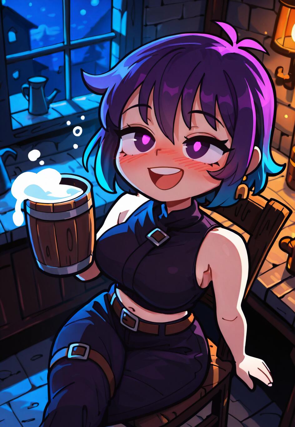 An anime-style illustration of a girl with short purple and blue hair, smiling happily while holding a large wooden mug of beer in a cozy, candlelit tavern at night.