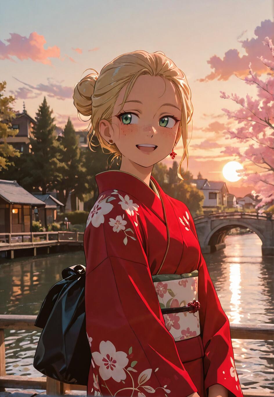 A young blonde woman with green eyes, wearing a red floral kimono, smiles while standing by a canal in a traditional Japanese town at sunset.