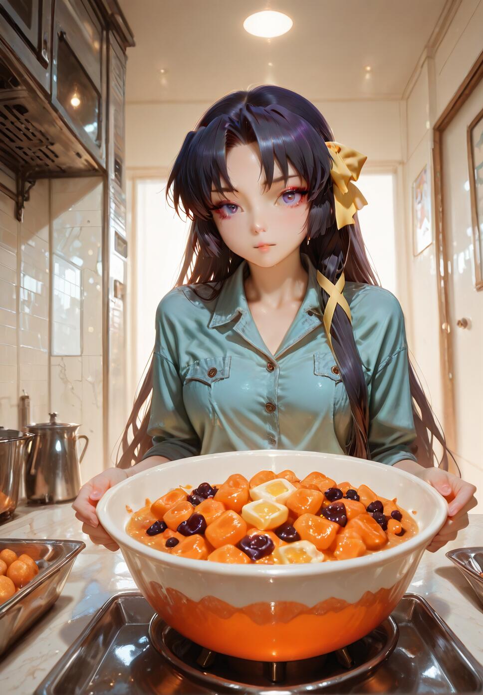 An anime-style illustration of Yuiko Kurugaya from Little Busters! in a kitchen. She has very long dark hair with a yellow ribbon and purple eyes, and she is holding a large bowl of food towards the camera.