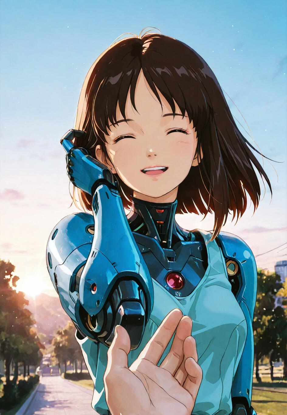 A young anime-style cyborg girl with short brown hair and a happy, smiling face reaches her hand out towards the viewer. She has a blue mechanical body and is standing in a park at sunrise.