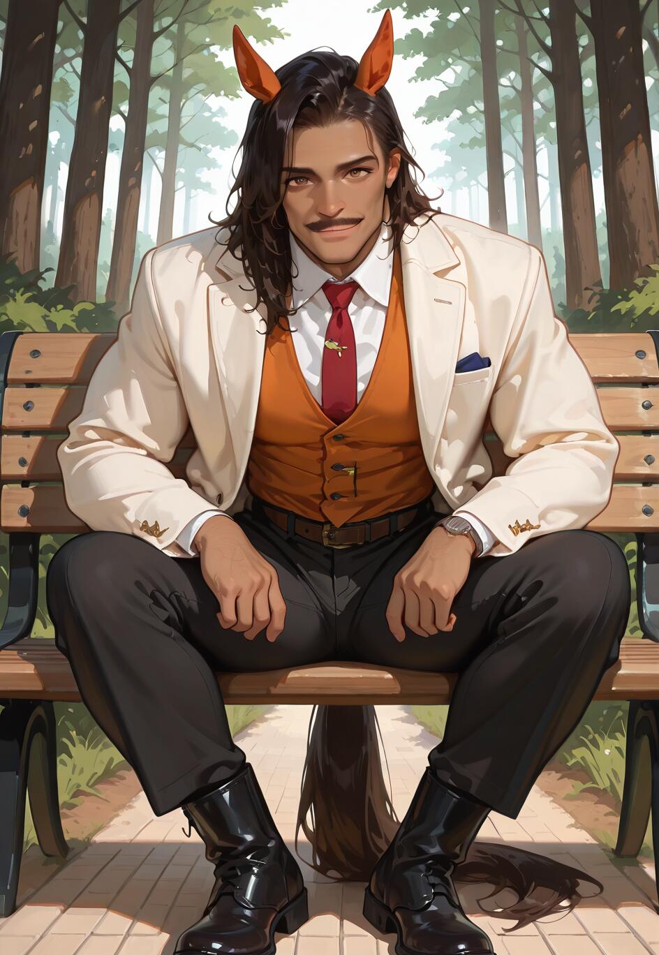A digital illustration of a handsome man with brown skin, long dark hair, a mustache, and horse ears, sitting on a park bench. He wears a cream jacket, orange vest, and red tie, looking confidently at the camera with a slight smile. A horse tail rests on the ground behind him.