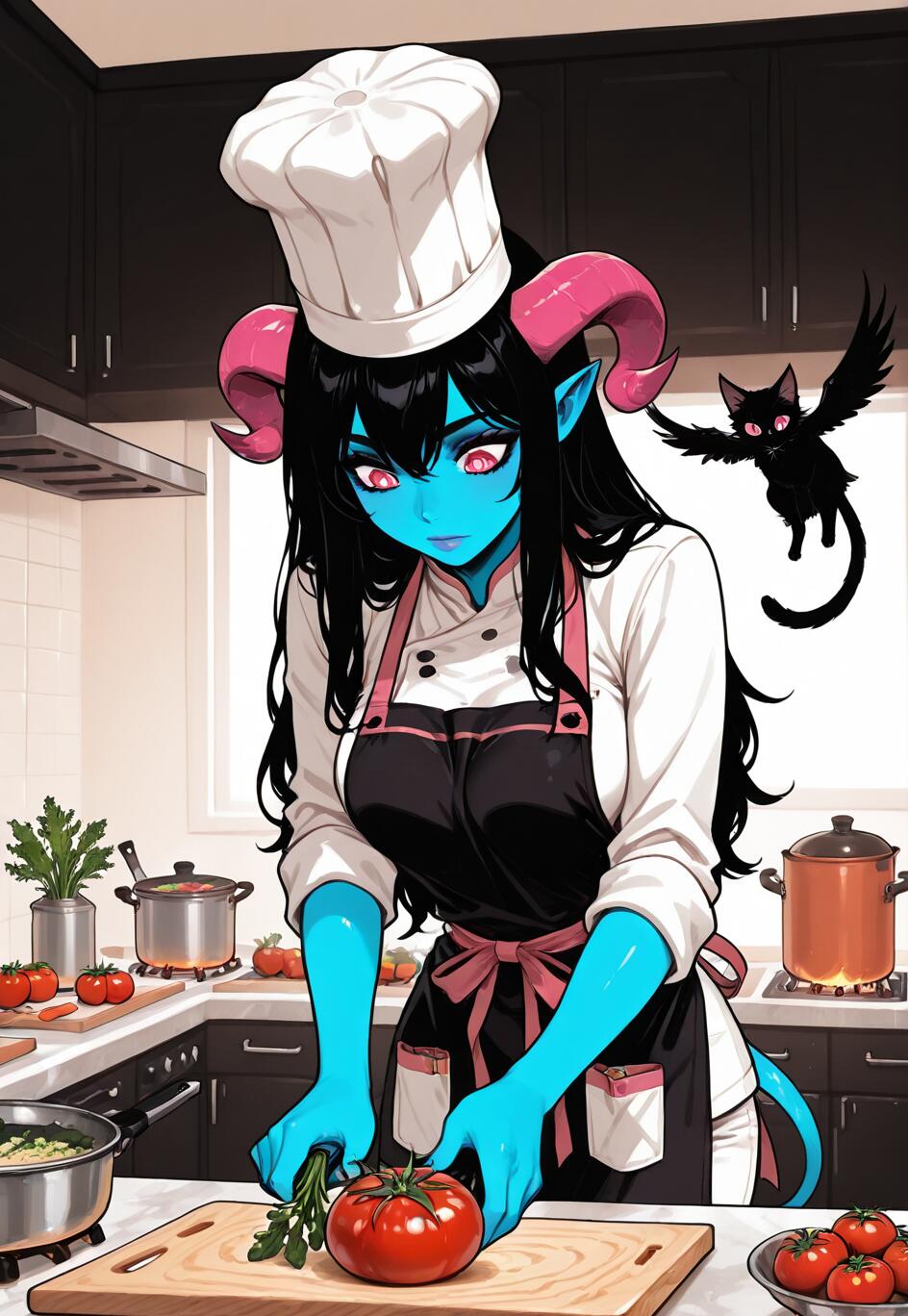 A blue-skinned demon girl with pink horns wearing a chef's hat and apron, cutting a tomato in a kitchen while a small black cat with wings floats beside her.