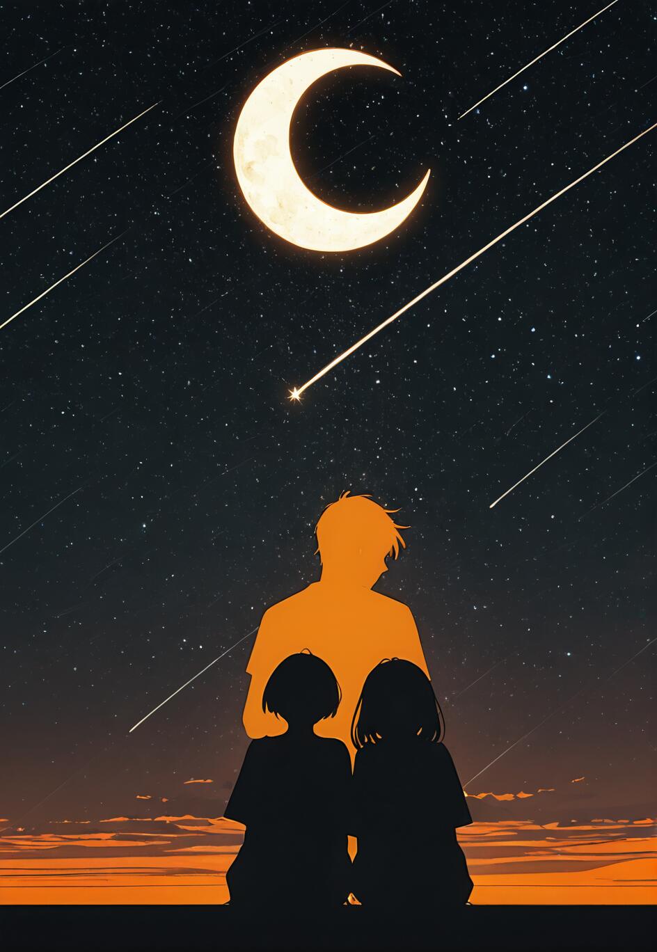 A vertical illustration of three silhouetted figures against a starry night sky. A taller figure, a father, stands behind two smaller, seated children. A large crescent moon and shooting stars are visible in the dark sky above an orange horizon.