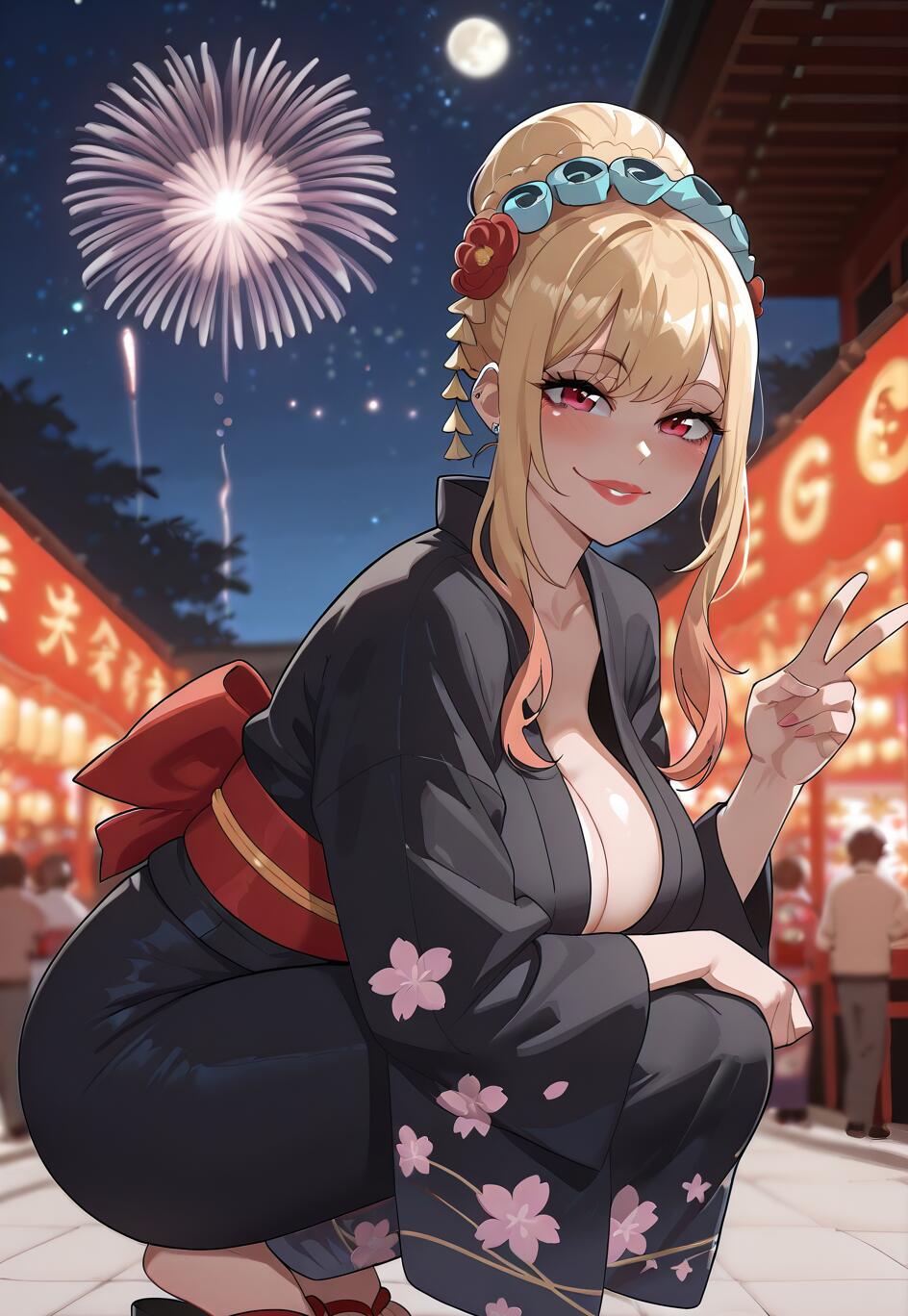 Marin Kitagawa from My Dress-Up Darling squatting in a black yukata with pink flowers at a night festival, smiling and making a peace sign as a firework explodes in the sky above.