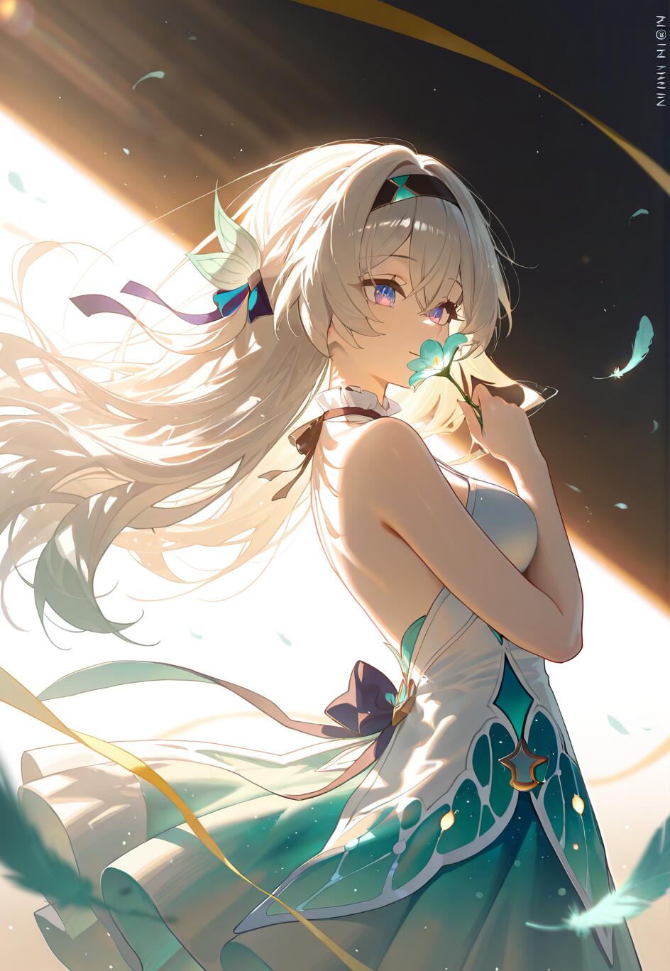 An anime-style illustration of Firefly from Honkai: Star Rail. She has long white hair and purple eyes, and is holding a small blue flower to her lips while looking away. She is wearing a white and teal dress, backlit by a warm, bright light.