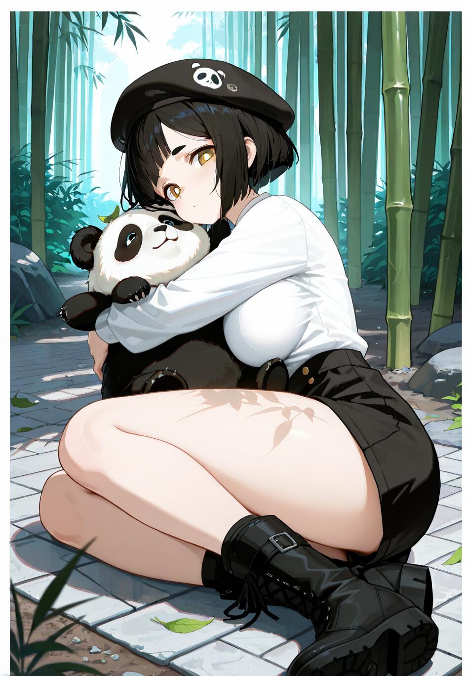 An anime-style girl with short black hair and a panda beret sitting on a stone path in a bamboo forest, tenderly hugging a large panda bear.