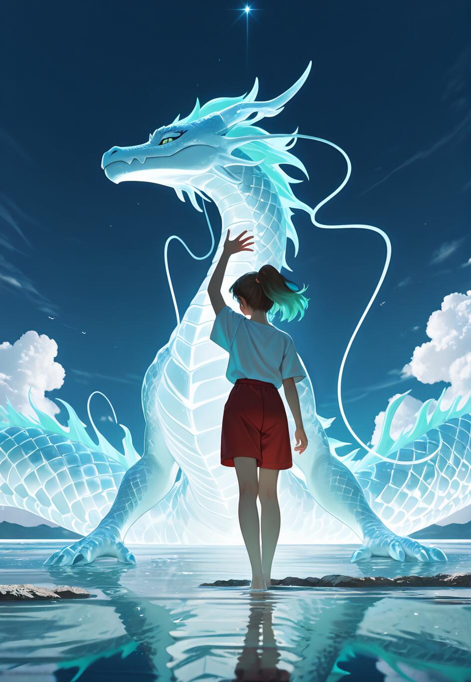 An anime-style illustration of Chihiro from Spirited Away, a young girl in a white shirt and red shorts, standing in calm water and raising her hand to touch the snout of the massive, glowing white-and-blue dragon Haku under a starry night sky.