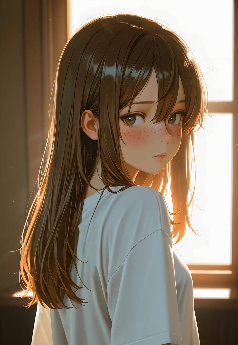 An anime-style illustration of a girl with long brown hair and freckles looking back over her shoulder. She is wearing a white t-shirt and is backlit by bright sunlight from a window.